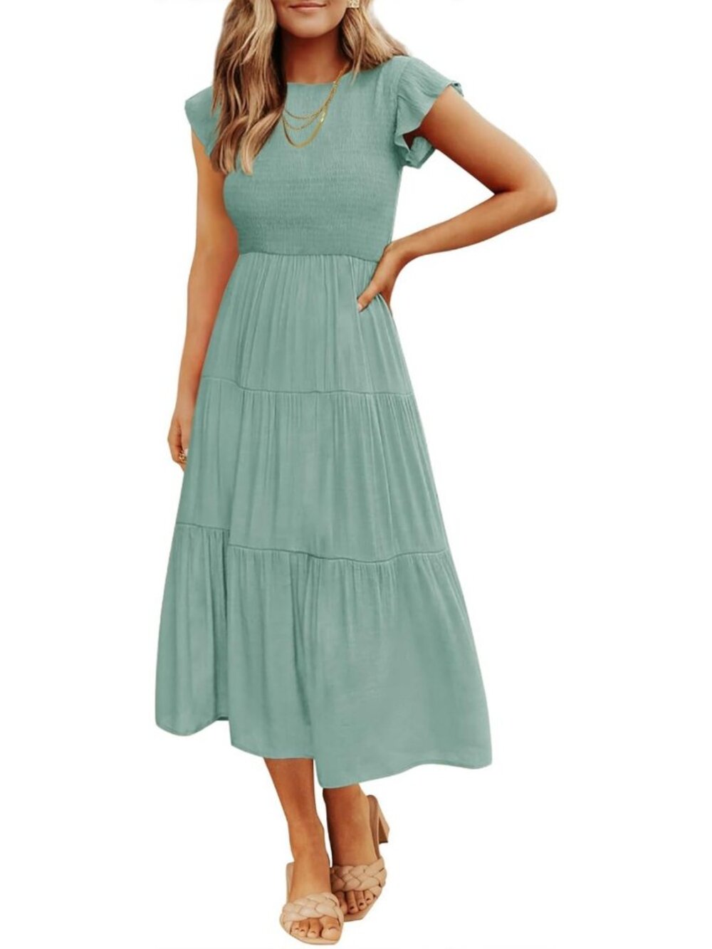 Summer Casual Flutter Sleeve Smocked Midi Dress - Perfect for Beach & Parties